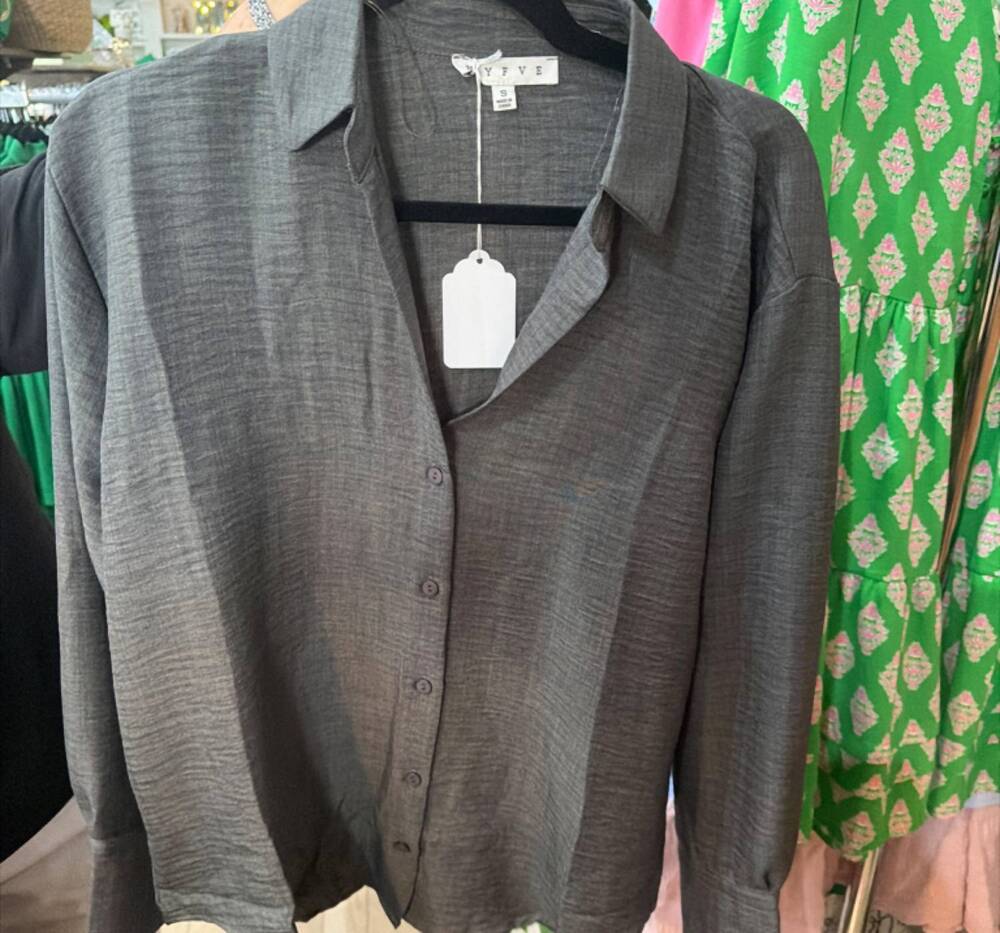 NEW HYFVE women's long sleeve button up top in charcoal
